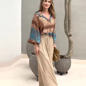 Wide Leg Pants and Top Set | V-neck Long Sleeve | High Waist Trousers | 2024 Spring Outfits