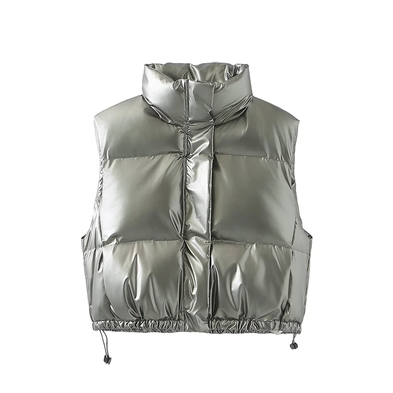 Winter Black Glossy Puffer Vest with Stand Collar & Zipper