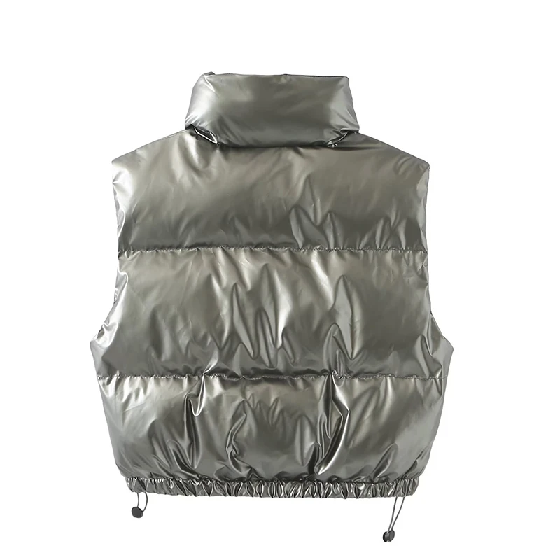 Winter Black Glossy Puffer Vest with Stand Collar & Zipper