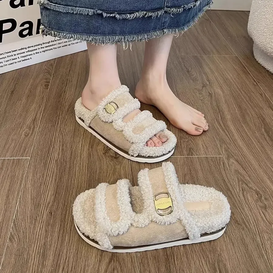 Winter Fur Plush Slippers for Women - Cozy Outdoor Fluffy Slides