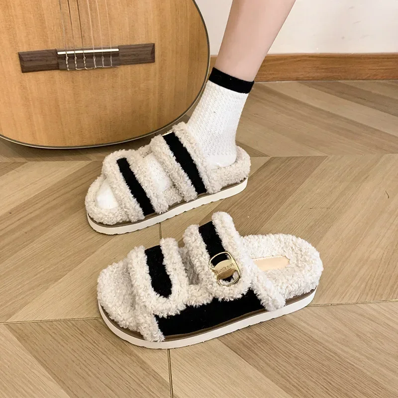 Winter Fur Plush Slippers for Women - Cozy Outdoor Fluffy Slides