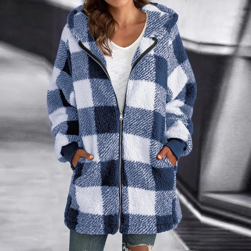 Winter Grid Hooded Loose Women's Jacket | Plus Size Warm Outerwear Coat