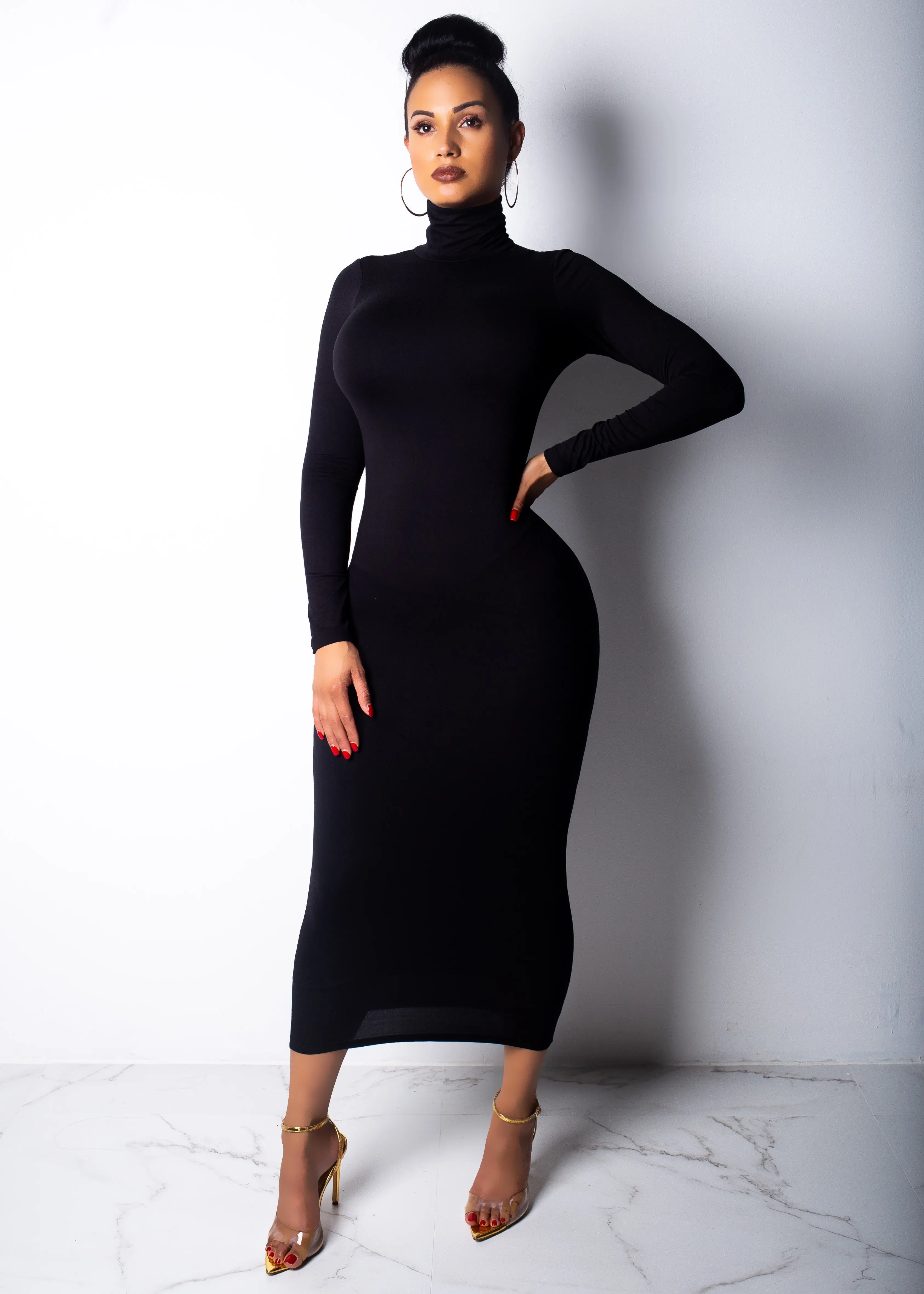 Winter Long-Sleeve Slim Fit High Neck Long Dress