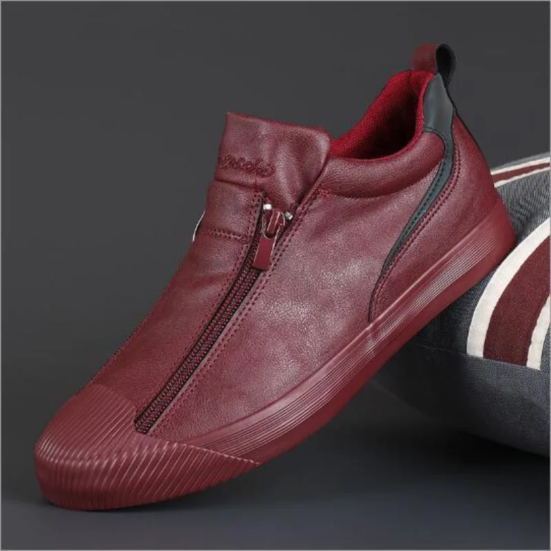 Winter Men's High Top Leather Casual Shoes with Double Zipper - Stylish Slip-On Plush Sneakers