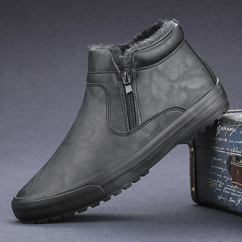 Winter Men's Leather High Top Boots with Plush Lining