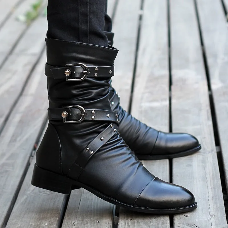 Winter Men's Mid-calf Leather Boots with Buckle Strap