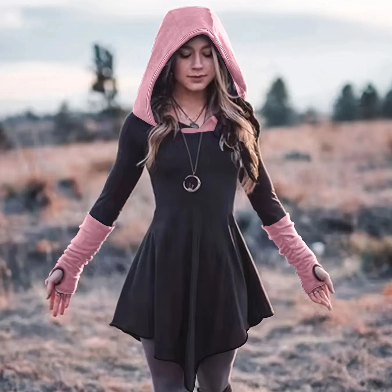 Winter Retro Plus Size Women's Long Sleeve Hooded Dress