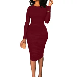 Winter Women's Crew Neck Ruched Midi Dress - Long Sleeve