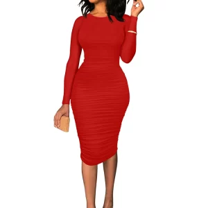 Winter Women's Crew Neck Ruched Midi Dress - Long Sleeve