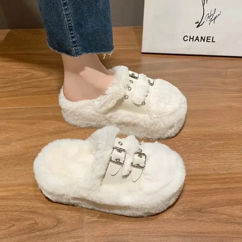 Winter Women's Fur Slippers | Thick Bottom Double Button Plush Warm Shoes