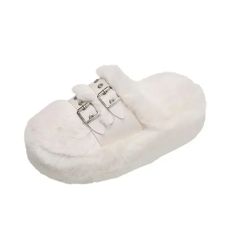 Winter Women's Fur Slippers | Thick Bottom Double Button Plush Warm Shoes