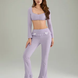 Women 2-Piece Spring/Summer Set: Crop Top with Bow Detail & High-Waist Flare Pants