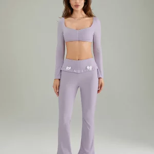 Women 2-Piece Spring/Summer Set: Crop Top with Bow Detail & High-Waist Flare Pants