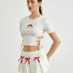 Women's 2-Piece Bow Detail Top & Skirt Set with Cutout T-Shirt and Lace Trim Mini Skirt