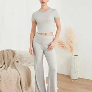 Women's 2-Piece Spring Summer Outfit: Short Sleeve Crew Neck Crop Top & Flare Pants Set