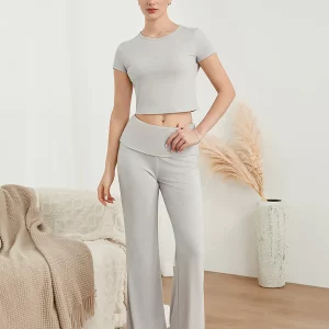 Women's 2-Piece Spring Summer Outfit: Short Sleeve Crew Neck Crop Top & Flare Pants Set