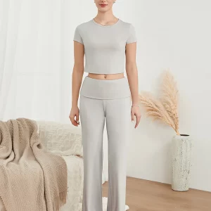 Women's 2-Piece Spring Summer Outfit: Short Sleeve Crew Neck Crop Top & Flare Pants Set