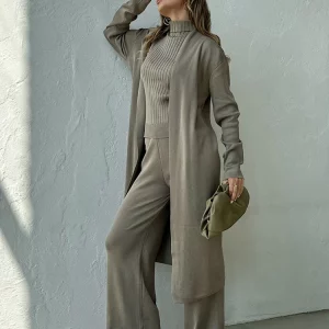 Women's 3-Piece Casual Cardigan Set with Striped Pullover & Wide Leg Pants