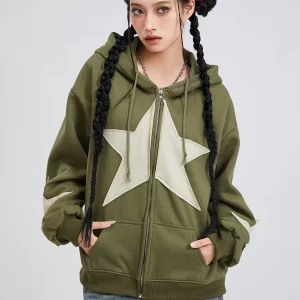 Women's Autumn Star Print Hooded Coat with Drawstring