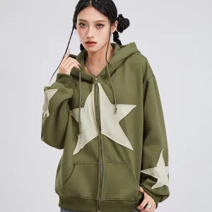 Women's Autumn Star Print Hooded Coat with Drawstring