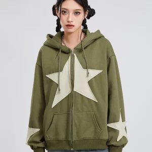 Women's Autumn Star Print Hooded Coat with Drawstring