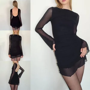 Women's Backless Mesh Long Sleeve Mini Dress for Beach Party