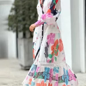 Women's Belted Maxi Dress with Lantern Sleeves | 2024 Spring/Summer Casual Long Skirt