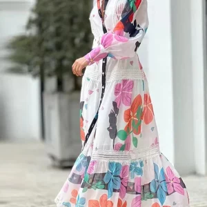 Women's Belted Maxi Dress with Lantern Sleeves | 2024 Spring/Summer Casual Long Skirt