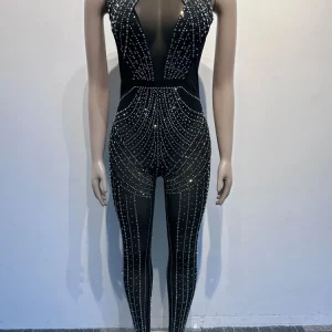 Women's Black Crystal Sequin Jumpsuit Perspective Overalls