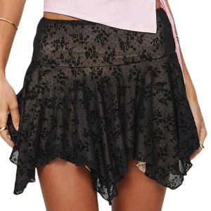 Women's Black Lace Floral Mini Skirt | Irregular Hem Street Party Fashion | Summer Spring Style