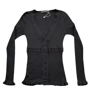 Women's Black V-Neck Lace Knitwear with Button Detail