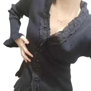 Women's Black V-Neck Lace Knitwear with Button Detail