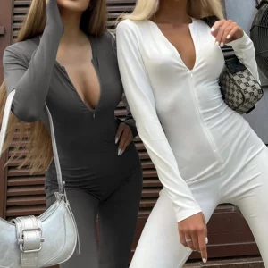 Women's Bodycon Jumpsuit with Long Sleeves, Pants - Sexy Bodysuit Outfit