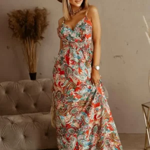 Women's Bohemian Floral Chiffon V-Neck Sleeveless Dress