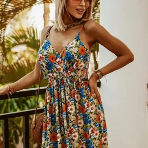 Women's Bohemian Floral Chiffon V-Neck Sleeveless Dress