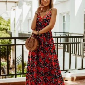 Women's Bohemian Floral Chiffon V-Neck Sleeveless Dress