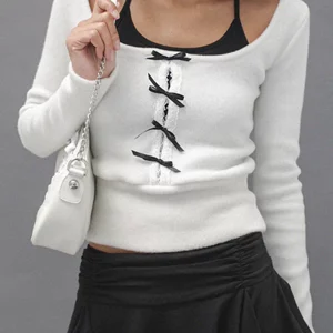 Women's Bow Tie Long Sleeve Crop Top Slim Fit