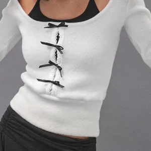 Women's Bow Tie Long Sleeve Crop Top Slim Fit