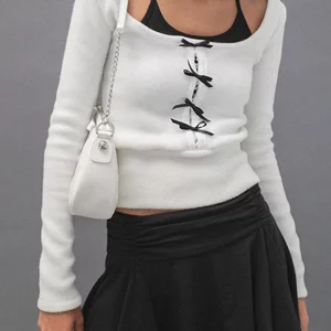 Women's Bow Tie Long Sleeve Crop Top Slim Fit