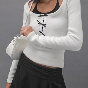 Women's Bow Tie Long Sleeve Crop Top Slim Fit