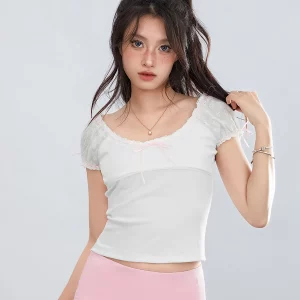 Women's Cap Sleeve Lace Trim T-Shirts with Bow Detail