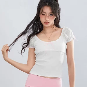 Women's Cap Sleeve Lace Trim T-Shirts with Bow Detail