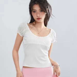 Women's Cap Sleeve Lace Trim T-Shirts with Bow Detail