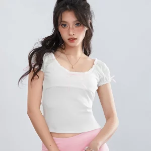 Women's Cap Sleeve Lace Trim T-Shirts with Bow Detail