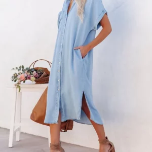 Women's Casual Denim Shirt Dress with Long Slit & Button-Up