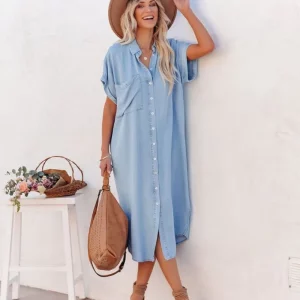 Women's Casual Denim Shirt Dress with Long Slit & Button-Up