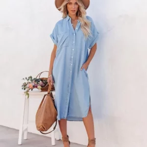 Women's Casual Denim Shirt Dress with Long Slit & Button-Up