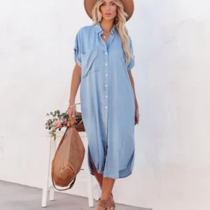 Women's Casual Denim Shirt Dress with Long Slit & Button-Up