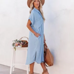 Women's Casual Denim Shirt Dress with Long Slit & Button-Up