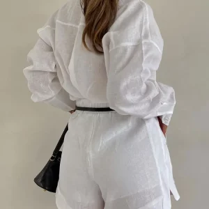 Women's Casual Two-Piece Set: Long Sleeve Shirt & Shorts